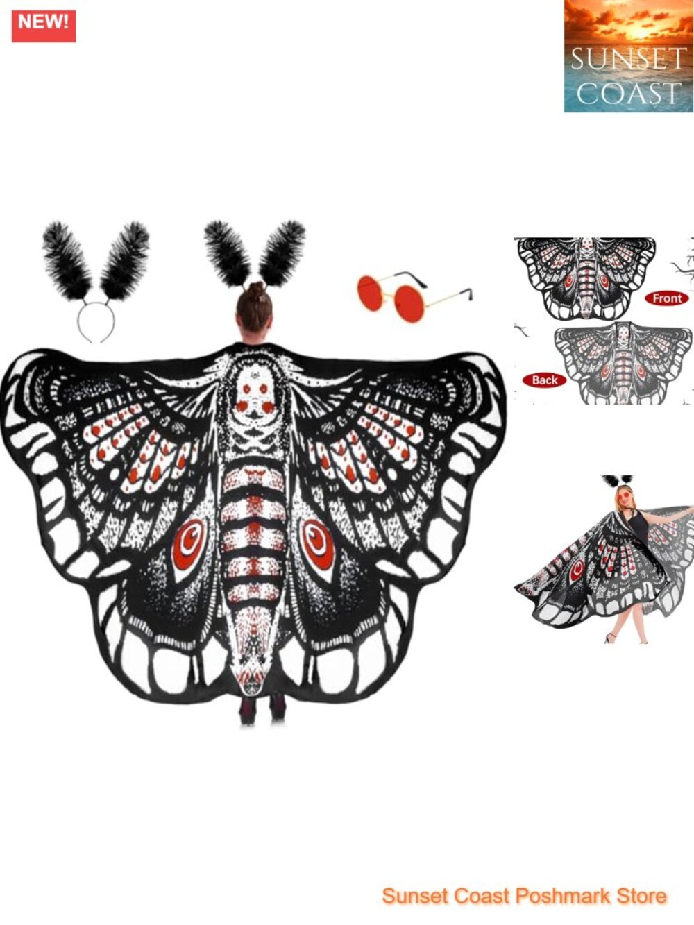 Mothman Wing Cape Costume Set with Feather Headband & Glasses